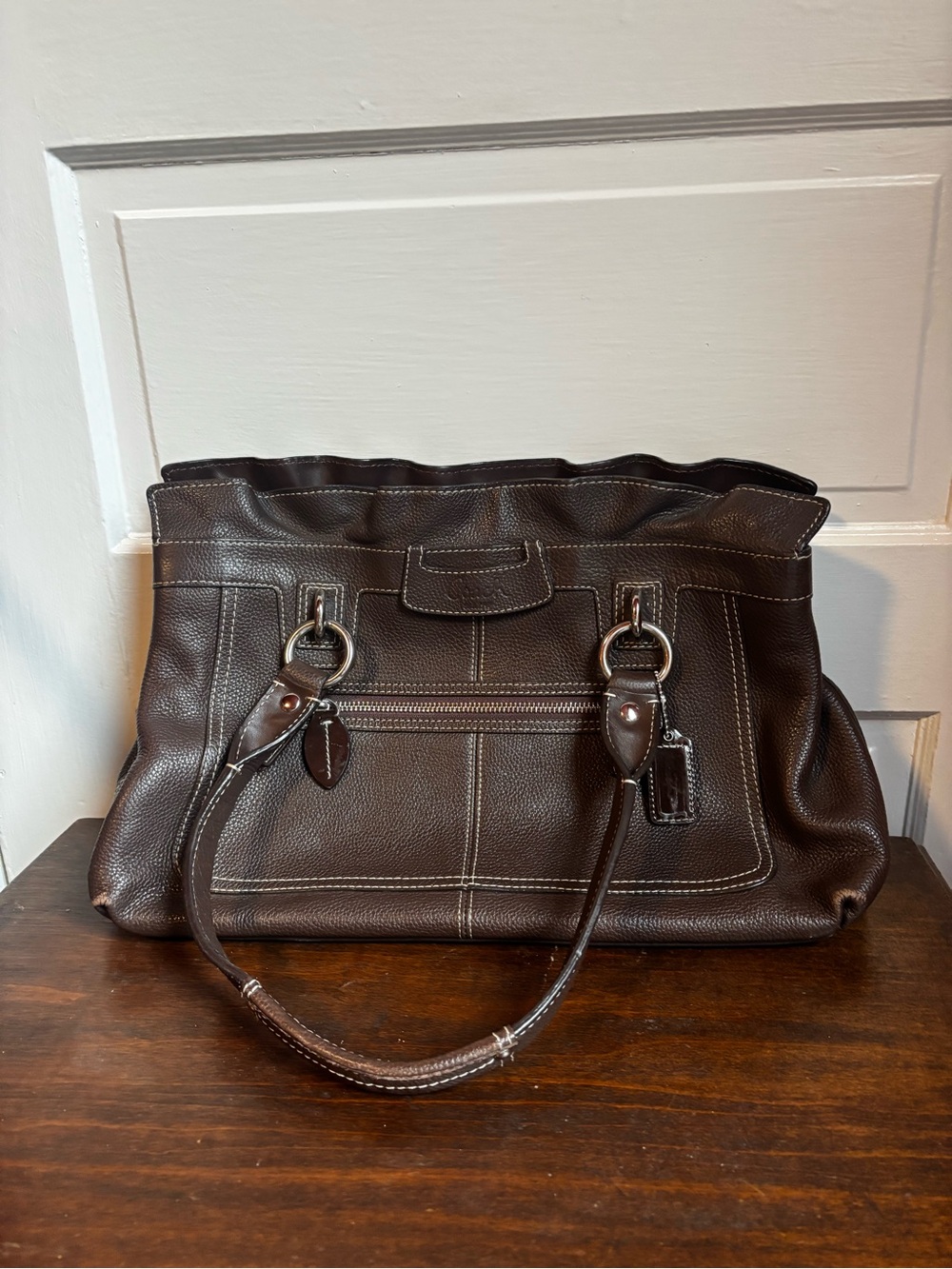 Coach Penelope Dark Brown Leather Shoulder Bag with Contrast Stitching